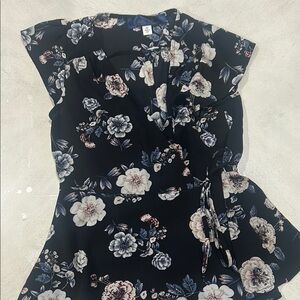 Blue Rain Cap Sleeve Floral Wrap Blouse